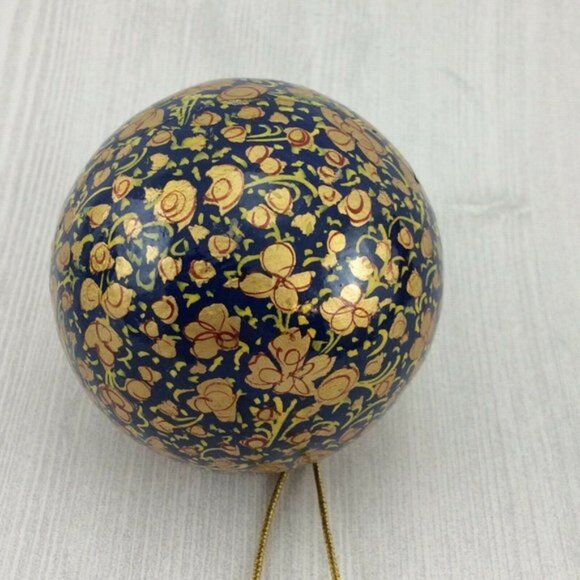 2 Blue Gold Handmade Paper Mache Christmas Balls Made in India DAMAGED - Picture 6 of 12